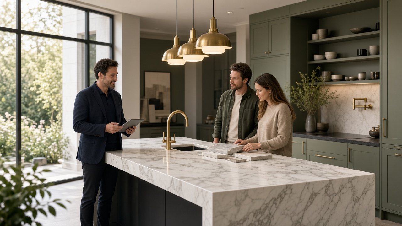 Kitchen Worktops Store studio — marble island and sample consultation