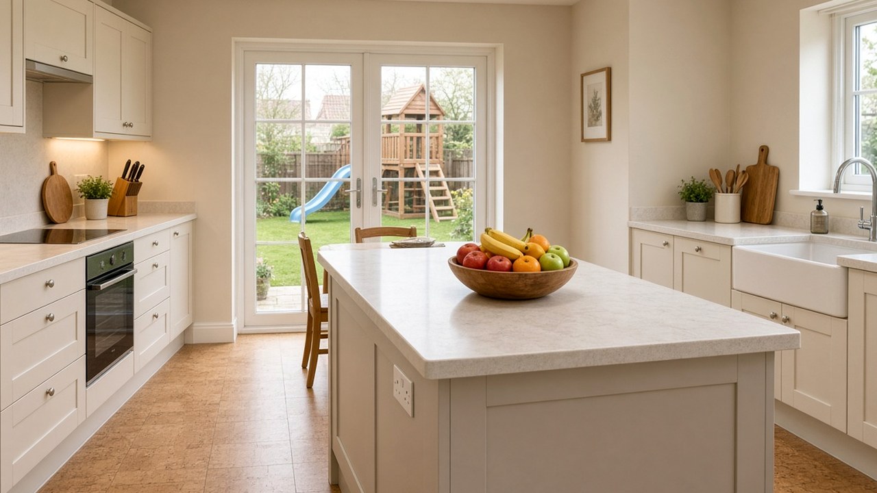 Utility room with a solid-surface worktop over a washing machine and a small sink in a British home