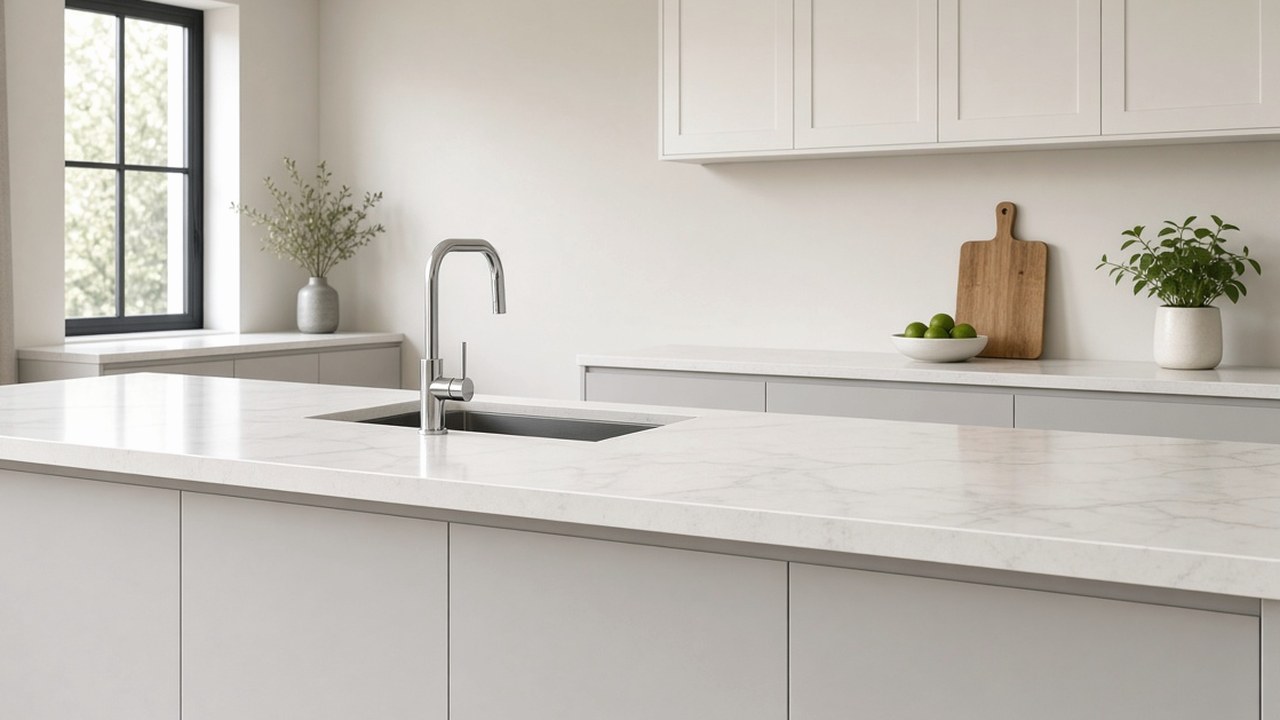 Neutral solid-surface worktop in a clean suburban kitchen prepared for estate agent photographs
