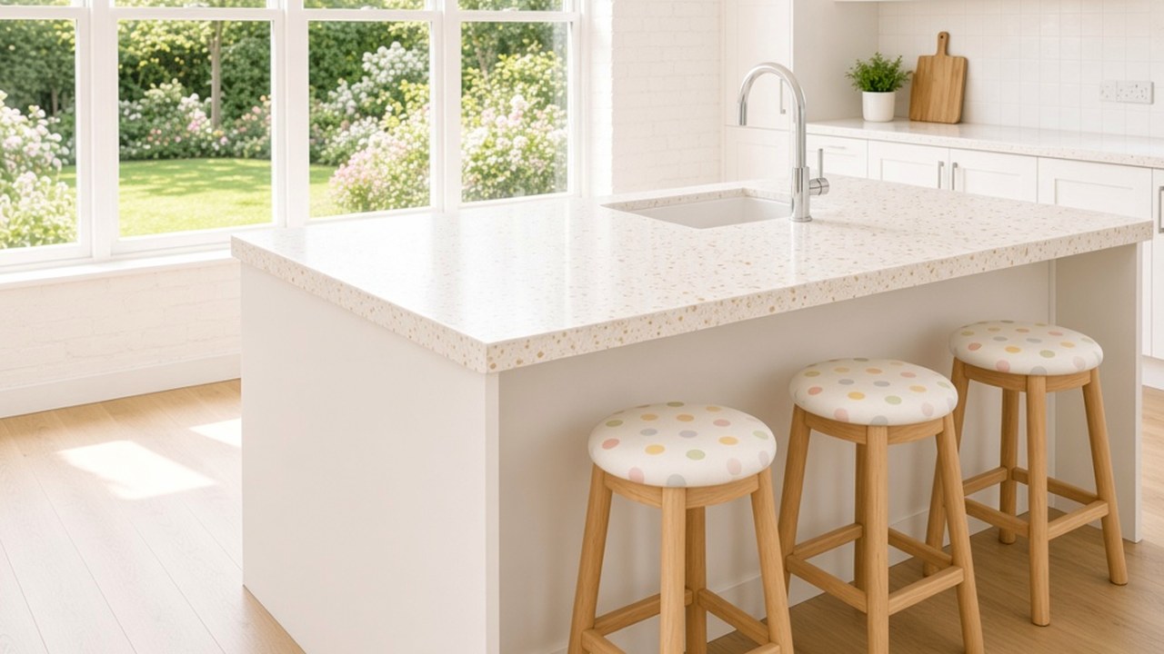 Kitchen island with a new solid-surface worktop and bar stools in a bright suburban British kitchen