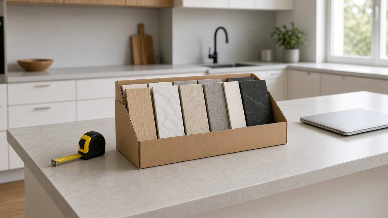Homeowner reading worktop guarantee paperwork beside solid-surface samples on a kitchen island