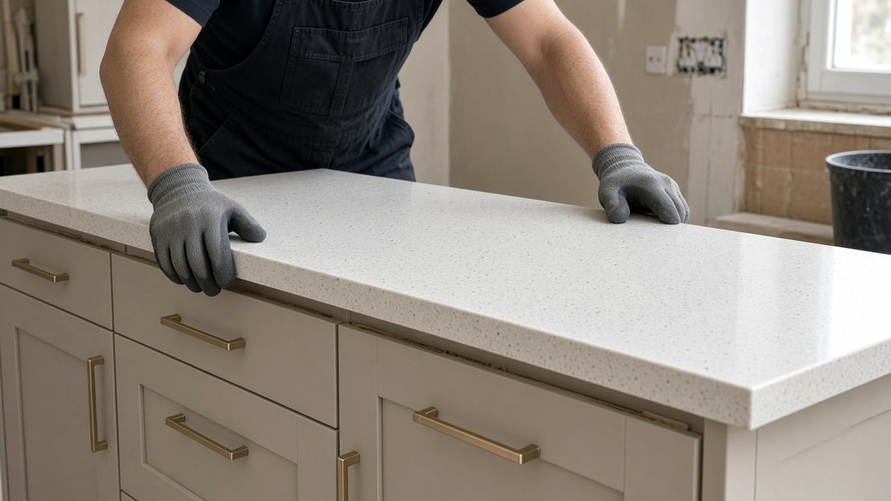 Fitter removing an old laminate worktop from base cabinets before a new solid-surface installation