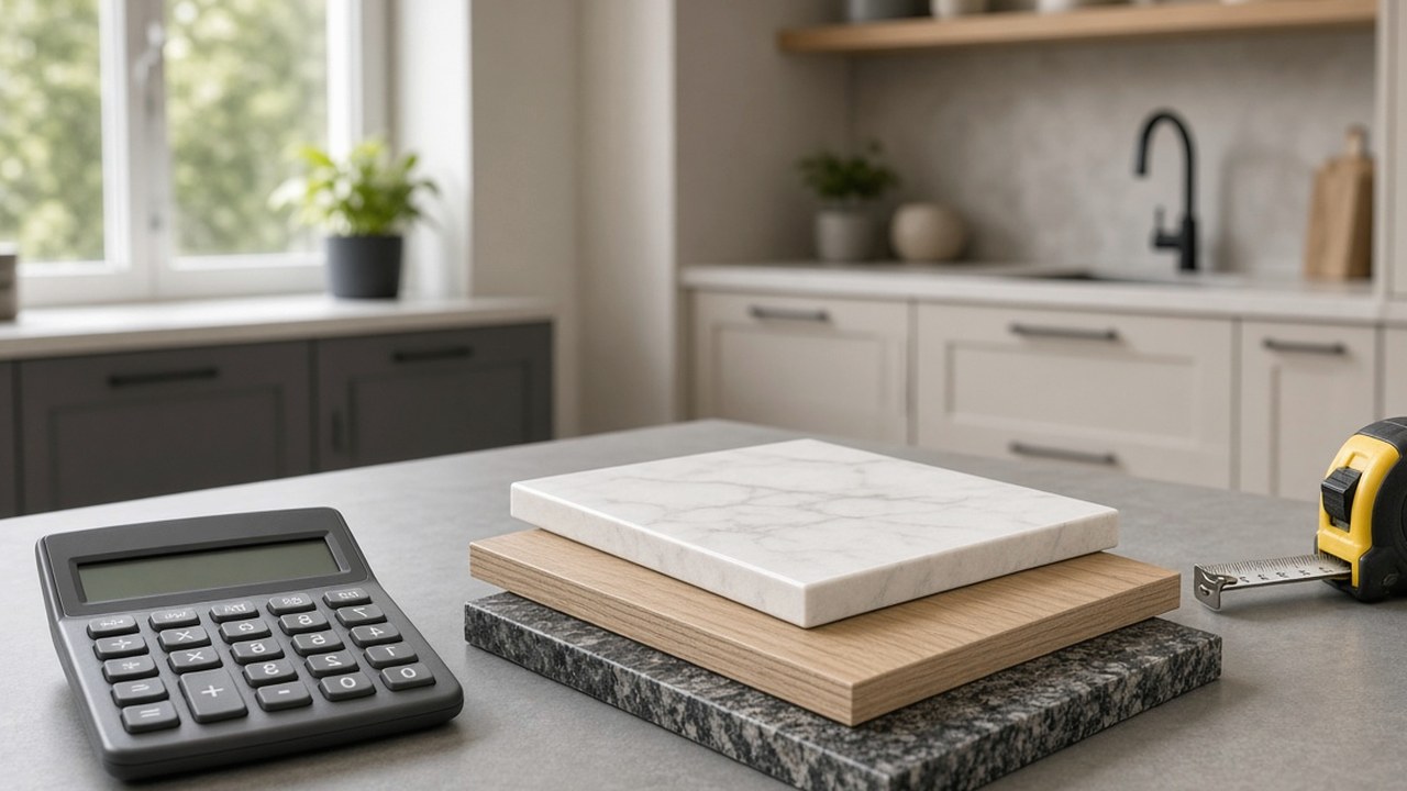 Worktop quote paperwork, calculator and material samples on a kitchen counter before paying a deposit