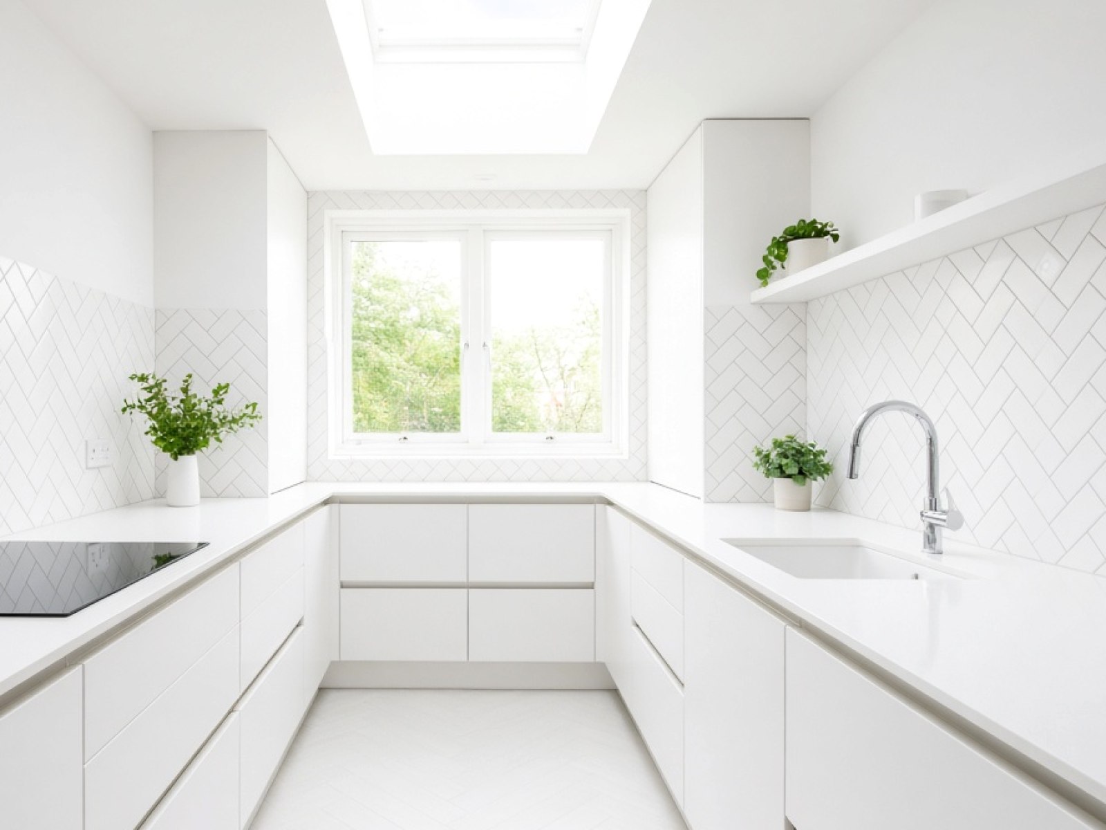 Close-up of a fitted modern white kitchen worktop